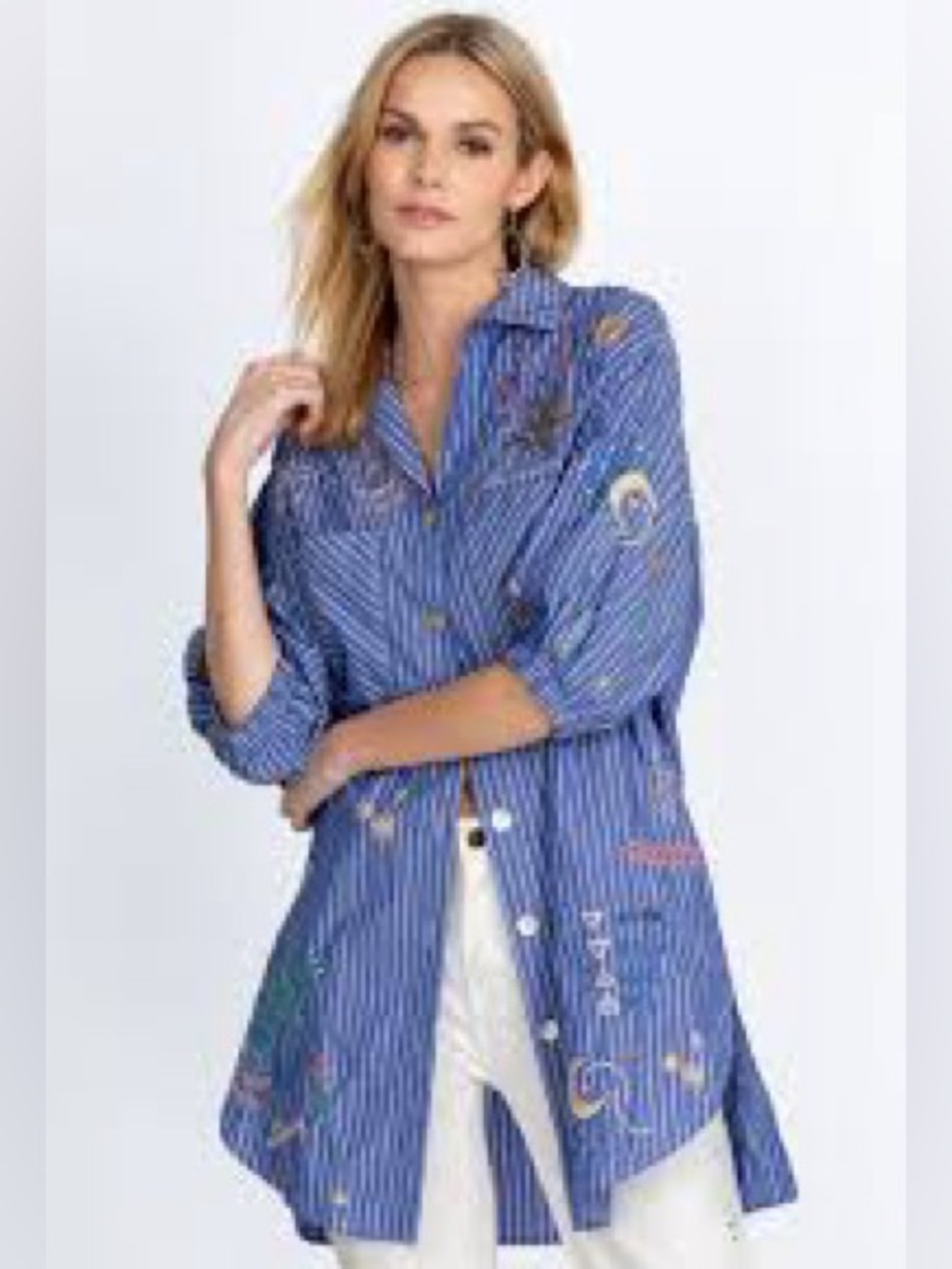 Johnny Was Sezane Weekend Cotton Embroidered Button Up Striped Top Sz Large